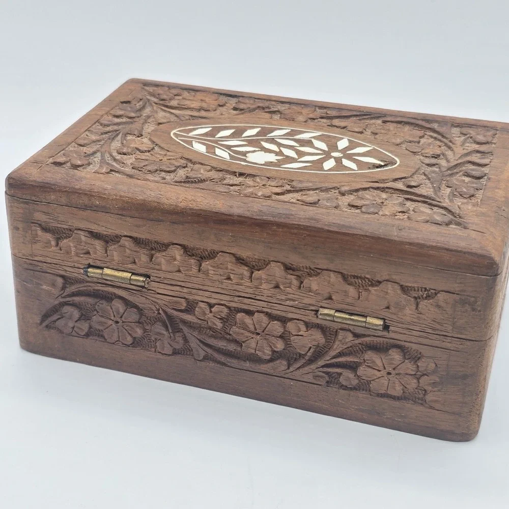 Vintage Hand Carved Wood Box Floral Design Inlay velvet lined Jewelry Box